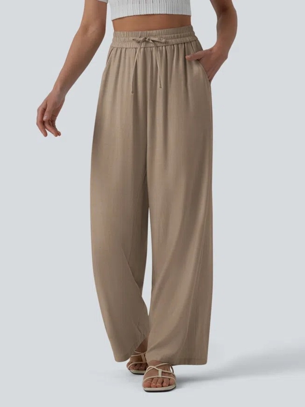 HALARA Women's Straight-Leg Drawstring Pants in Light Taupe